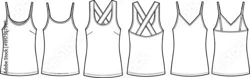 Women tank top outline template set, sleeveless camisole strap variations vector fashion technical drawing isolated on white background