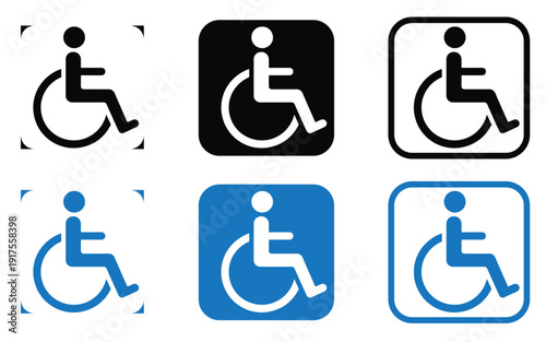 Black wheelchair icon vector illustration for accessibility, disability support, handicap signage, ADA compliance, healthcare, hospital, transport, and parking