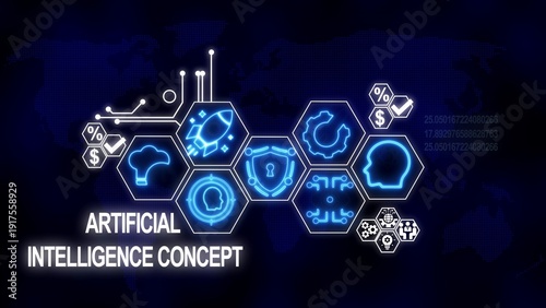 Futuristic Artificial Intelligence Concept with Hexagonal Icons and World Map Background technology