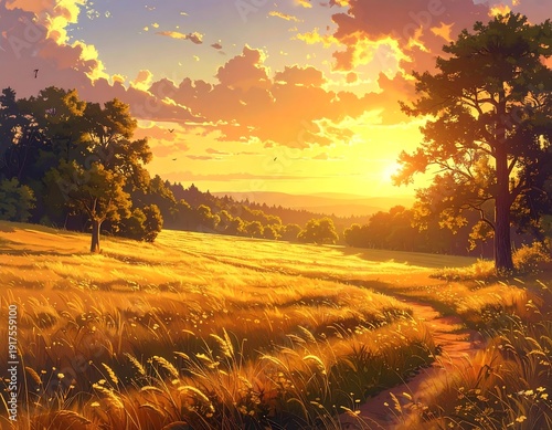 Golden hour bathes a field in warm light, path winding through tall grass towards distant trees
