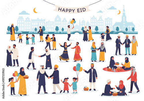 Diverse Muslim families celebrating Eid al-Fitr with joy and togetherness.