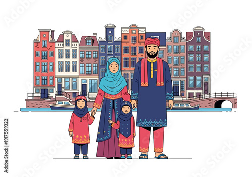 Muslim Family Poses in Front of Historic European Buildings.