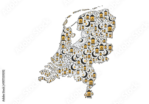 Netherlands Map Decorated with Islamic Ramadan Symbols.