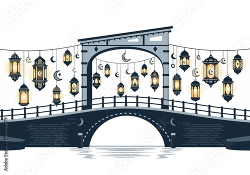 Ramadan bridge decorated with lanterns and crescent moons.