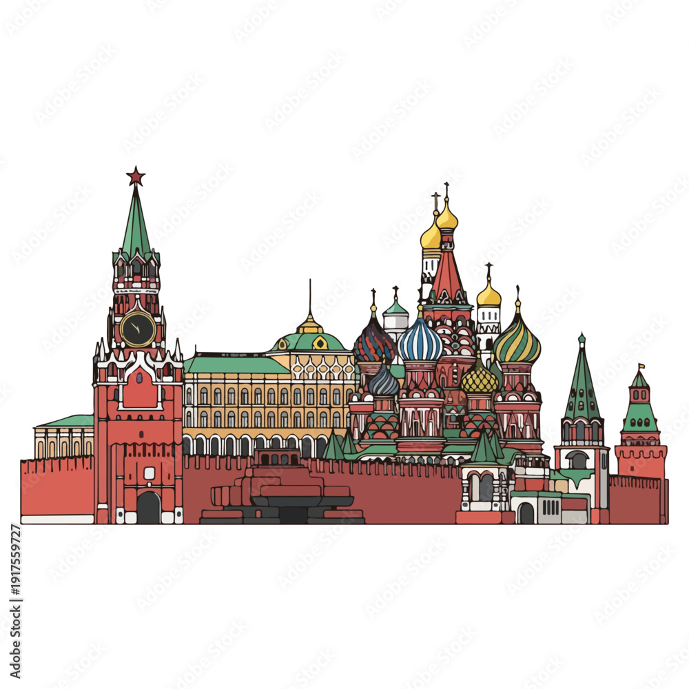 Fototapeta premium Moscow Kremlin St Basil s Cathedral Russia Landmark Illustration