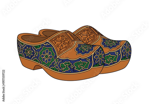 Traditional Dutch Wooden Clogs with Ornate Decorations.