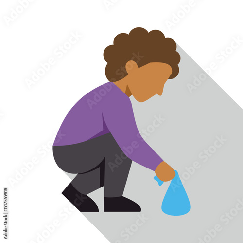 Person crouching down, picking up waste into a blue bag, with shadow and clean background