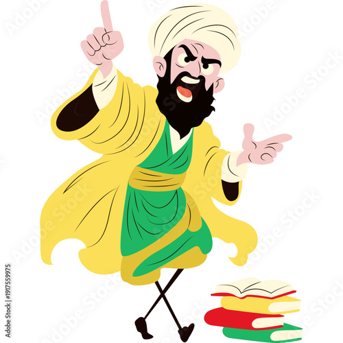 Averroes debating philosophy with raised finger