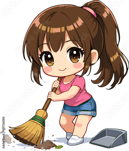 Young Woman Sweeping Floor at Home