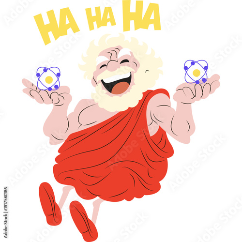 Democritus laughing while holding tiny atoms in his hands