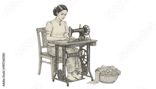 Vintage Woman Sewing Fabric on Antique Machine, Tailoring Craft, Home Business, Nostalgic Skill, Creative Hobby, Detailed Work