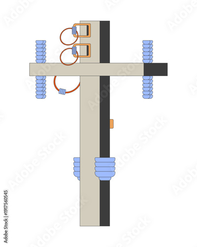 Electric utility pole 2D cartoon object. Transformer electricity pylon. Energy supply. Electrical infrastructure transmission insulators isolated element flat vector clip art. Spot illustration