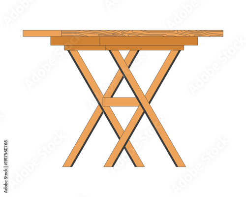 Wooden folding work table 2D cartoon object. Carpentry workspace. Woodworking equipment. Construction support. Craft furniture isolated element flat vector clip art on white. Spot illustration