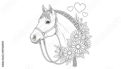 Equestrian Grace Horse Portrait with Flowers for Branding, Marketing, and Pet Lovers, Gentle Beauty