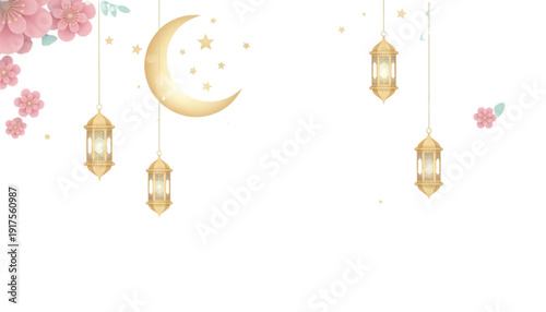 Ramadan Kareem Celebration Moon Lanterns Pink Flowers Festive Greeting Background for Islamic Events and Holidays