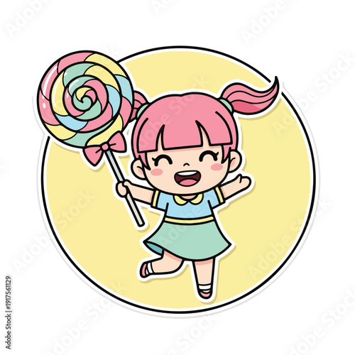 Happy cartoon girl holding colorful lollipop