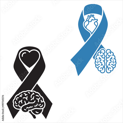 Mental health awareness ribbon with human brain silhouette icon vector
