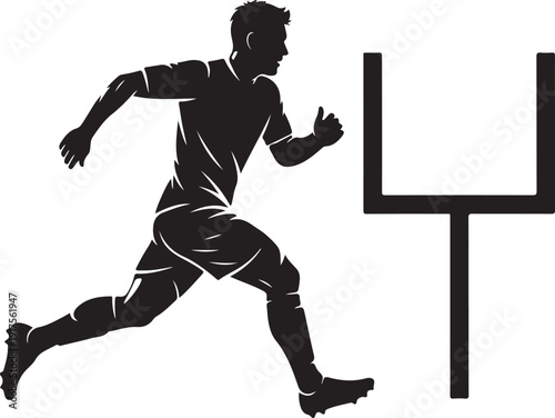 Silhouette of a soccer player running towards a goalpost, symbolizing attack and scoring opportunity, vector graphic on white , Generative Ai