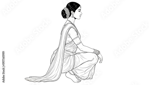 Indian Woman in Traditional Sari Squatting. Calm and Graceful Profile for Yoga, Meditation, and Cultural Wellness Design