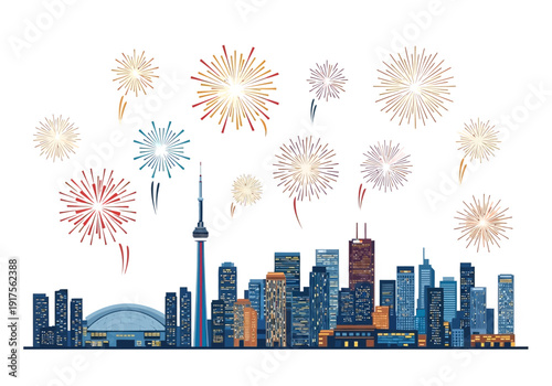 Vibrant Cityscape with Fireworks Display Over Downtown Skyline.