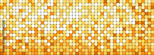 Golden bright mosaic disco party background. Metal gold sequin shiny sparkle decoration. Disco ball effect tile bg. glitter halftone wallpaper. Sparkling glitter backdrop.