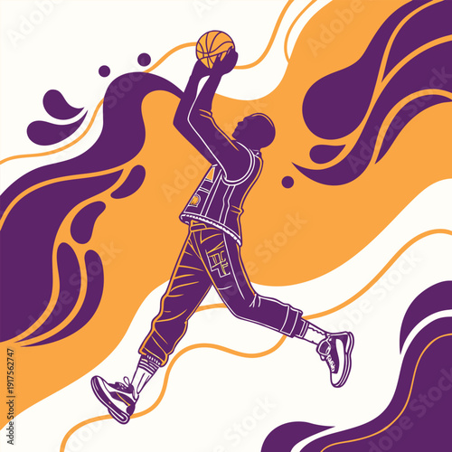 Basketball Player in Mid-Air Action: A dynamic illustration showcases a basketball player soaring through the air, poised to shoot. It is an amazing example of athleticism and determination.