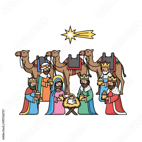 Three Wise Men visiting baby Jesus with camels