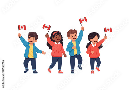 Children waving Canadian flags celebrating national pride.
