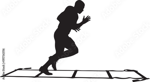 Silhouette of an American football player performing agility drills on a ladder, fitness and speed. , Generative Ai