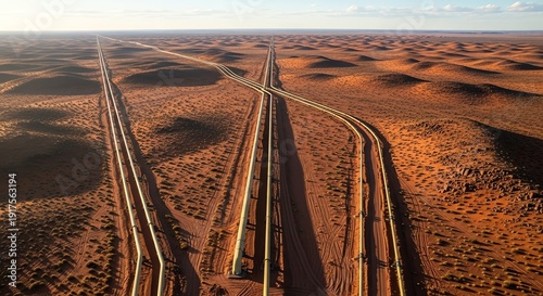 Aerial view of long pipelines stretching across a vast desert landscape under a clear sky.