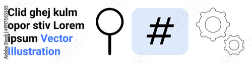 Magnifying glass, metadata tag symbol, and gears emphasizing search, trends, and system optimization. Ideal for tech, data analysis, SEO, innovation software marketing simple landing page