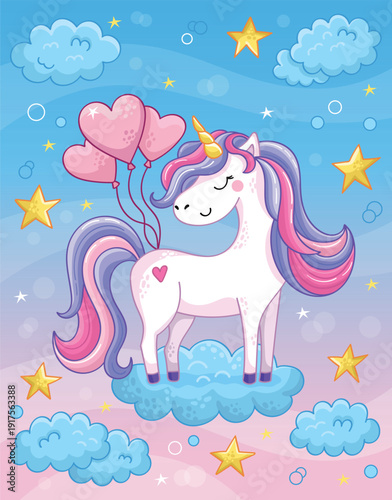 Cute fairytale unicorn holding  balloons in the sky with fluffy clouds on a bright background.  Vector illustration in a cartoon style.