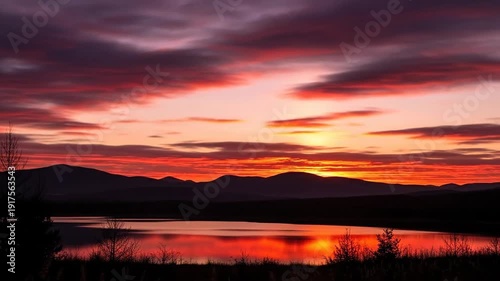 Vivid sunset paints the sky with fiery colors over the tranquil lake.