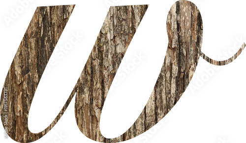 Bark pattern letters in lower “w” of English alphabet on white background
