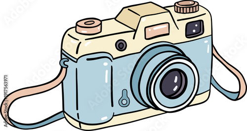 Cute retro blue camera sticker for travel photography hand drawn illustration