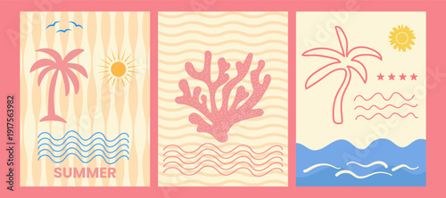 Set of summer poster in doodle naive style. Modern pastel beach prints with hand drawn palm tree, sun, sea waves, coral reef, birds and stars. Trendy design for cards, wall art , Poster Design