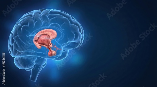 Detailed 3D rendering of a human brain showing highlighted internal structures on a dark blue background, representing neurological science.