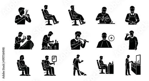 A unique set of twelve black silhouette icons illustrating people and activities inside a barber shop. Each icon represents a different professional moment such as hair cutting, beard trimming