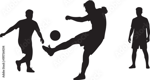 Three male soccer player silhouettes engaged in a game, one executing a powerful kick, on a plain white background, highlighting skill and athletic movement. , Generative Ai