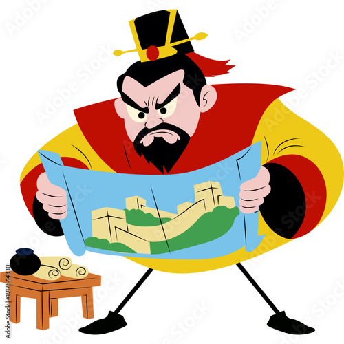 Qin Shi Huang inspecting the Great Wall plans sternly