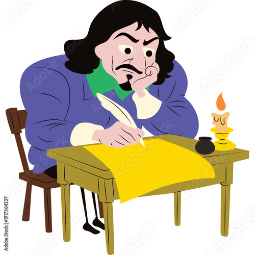René Descartes sitting at a desk writing