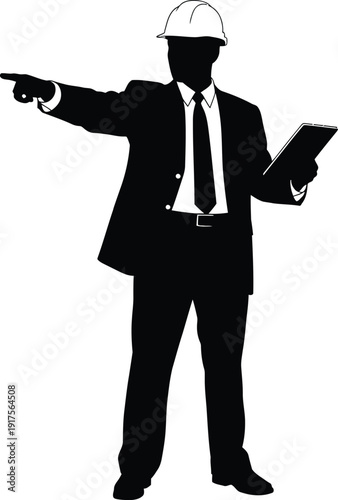Businessman in a suit and hard hat pointing and holding a clipboard