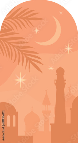 Middle east city silhouette in arch window frame