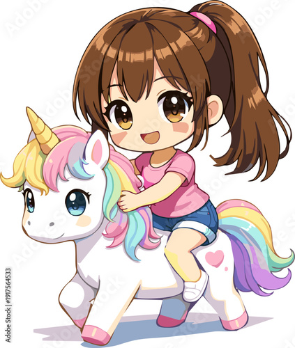 Cute Girl Riding Unicorn in Fantasy Illustration Style
