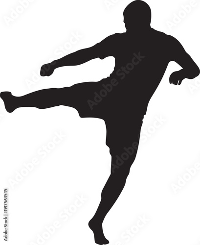 A powerful black silhouette of a male soccer player executing a flying kick, captured in dynamic motion against a stark white background, symbolizing skill and athleticism. , Generative Ai