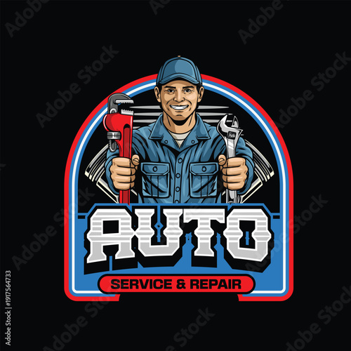 Vintage mascot logo of a smiling male mechanic holding a pipe wrench and spanner for auto service and repair