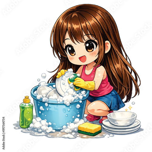 Young Woman Washing Dishes in Kitchen Sink at Home