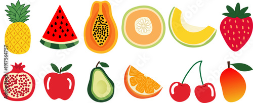 Hand drawn colorful tropical fruits set in flat minimal style. Pineapple, watermelon, papaya, melon, strawberry, pomegranate, apple, avocado, orange, cherry, mango vector illustration.