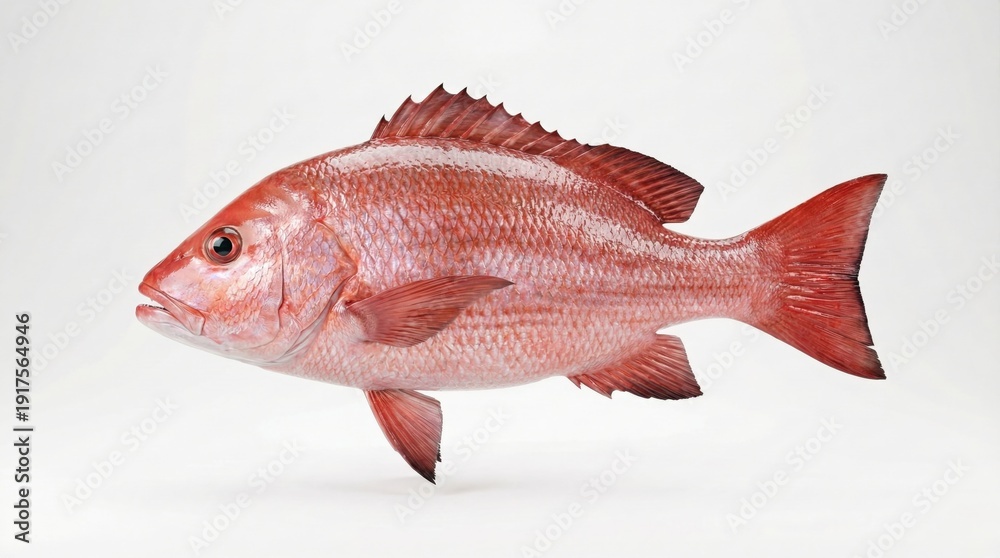 Obraz premium A vibrant red snapper fish, a popular marine species, swimming against a clean white background, showcasing its distinct scales and fins.