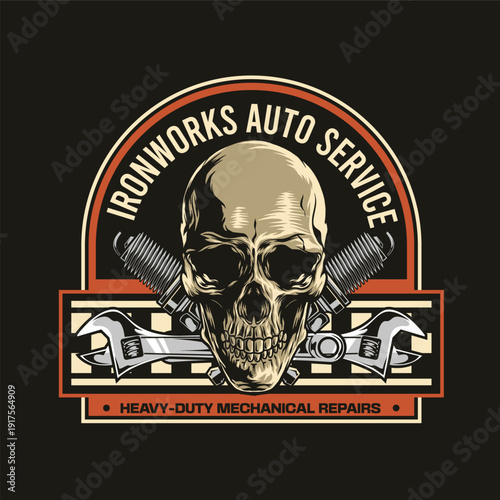 Retro detailed skull mascot with crossed wrenches for heavy-duty mechanical repair and auto service branding